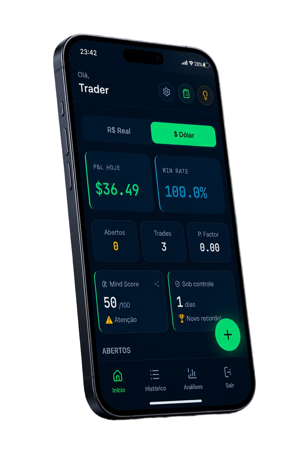 PsyTrade rodando em um iPhone, mostrando Mind Score, Win Rate e P&L do dia
